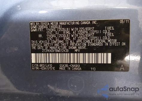 2011 Toyota Rav4 Limited V6 z USA, uszkodzony, nr VIN 2T3YK4DV1BW012439